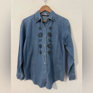 Vintage New Frontier Beaded Denim Button Up Shirt Southwestern Country Sz Small